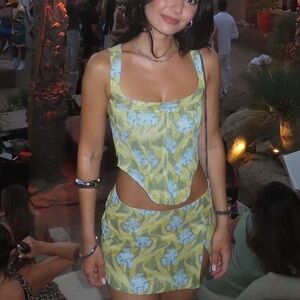 Miaou mesh corset and miniskirt set in yellow,green, and blue